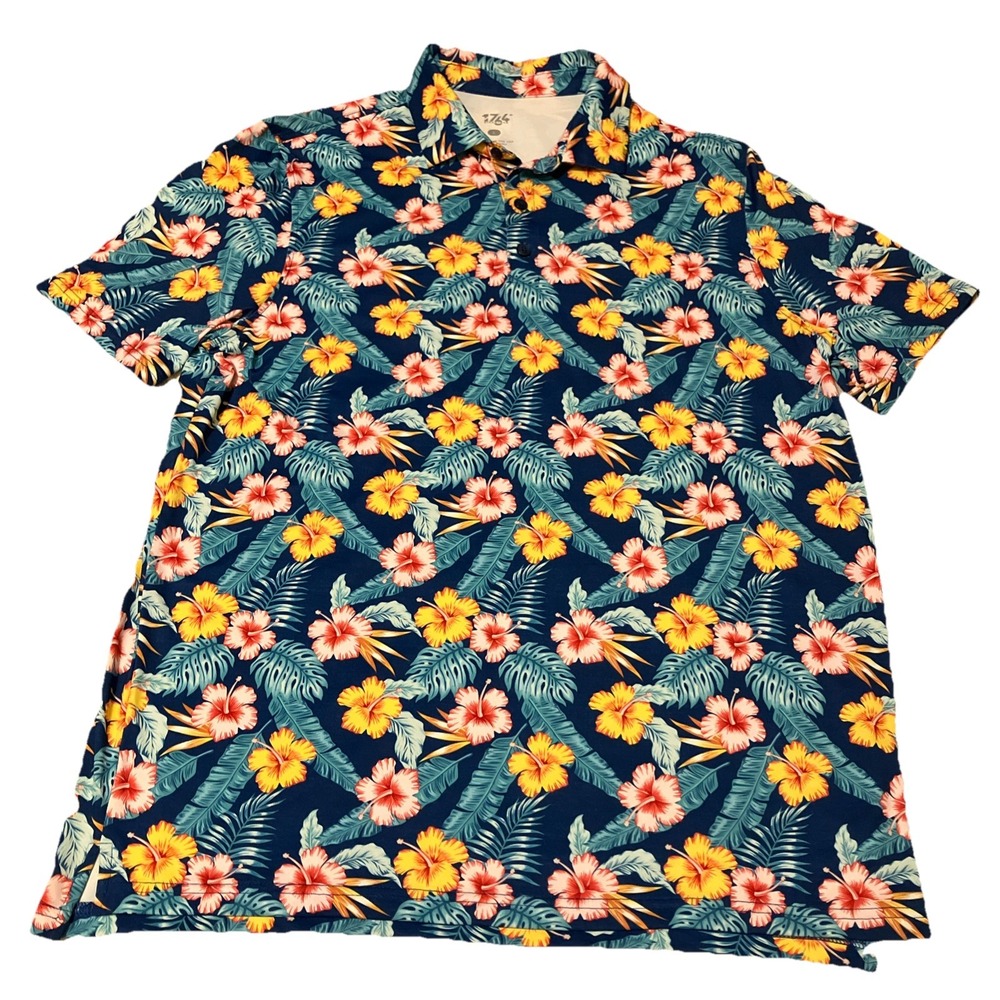 1764 Golf Polo‎ Men's Large Hawaiian Flower  All Over Print Performance Stretch